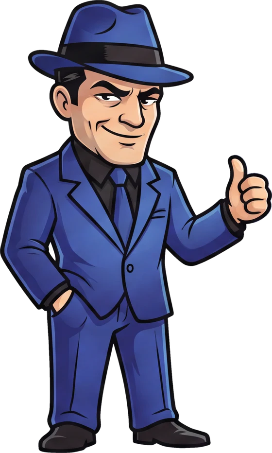 WiseGuys mascot in a blue suit and fedora giving a thumbs-up